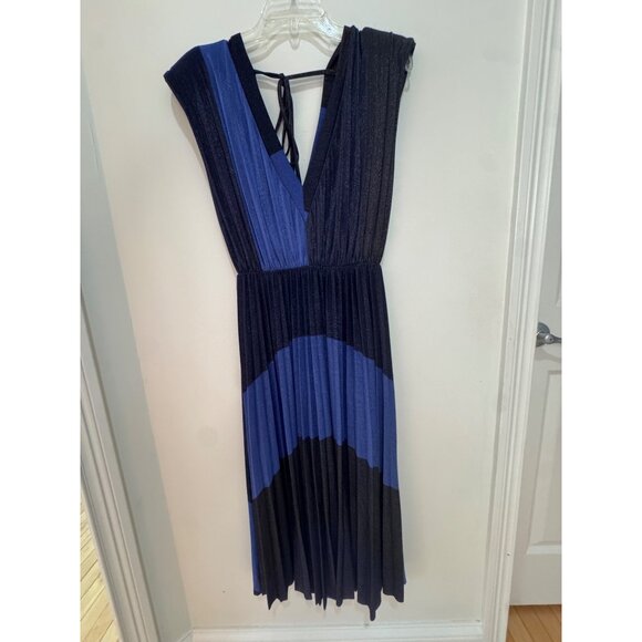 Striped Pleated Midi Dress With Tie Back Detail Black & Blue Size M - Picture 2 of 10